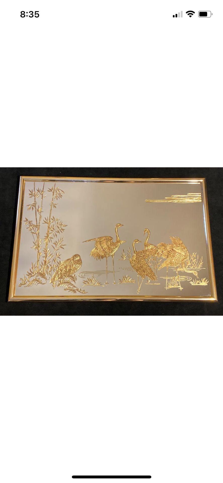 Vintage Asian Style Hollywood Regency Wall Mirror Etched Gold Crane Birds 35”