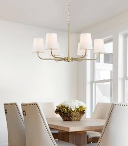 6-Light Brushed Gold Pendant Chandelier with White Linen Shades, E12 Base - Farmhouse & Industrial Style for Kitchen, Living Room, Dining Room, or Bed