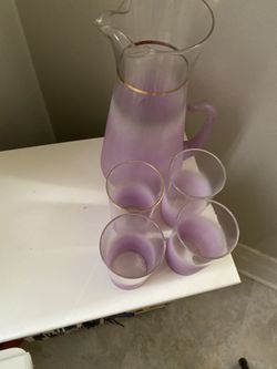 vintage glass pitcher with cups