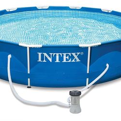 New Liner! Intex 12 Foot by 30 Inch Metal Frame Round Above Ground Swimming Pool w/ Upgraded Pump