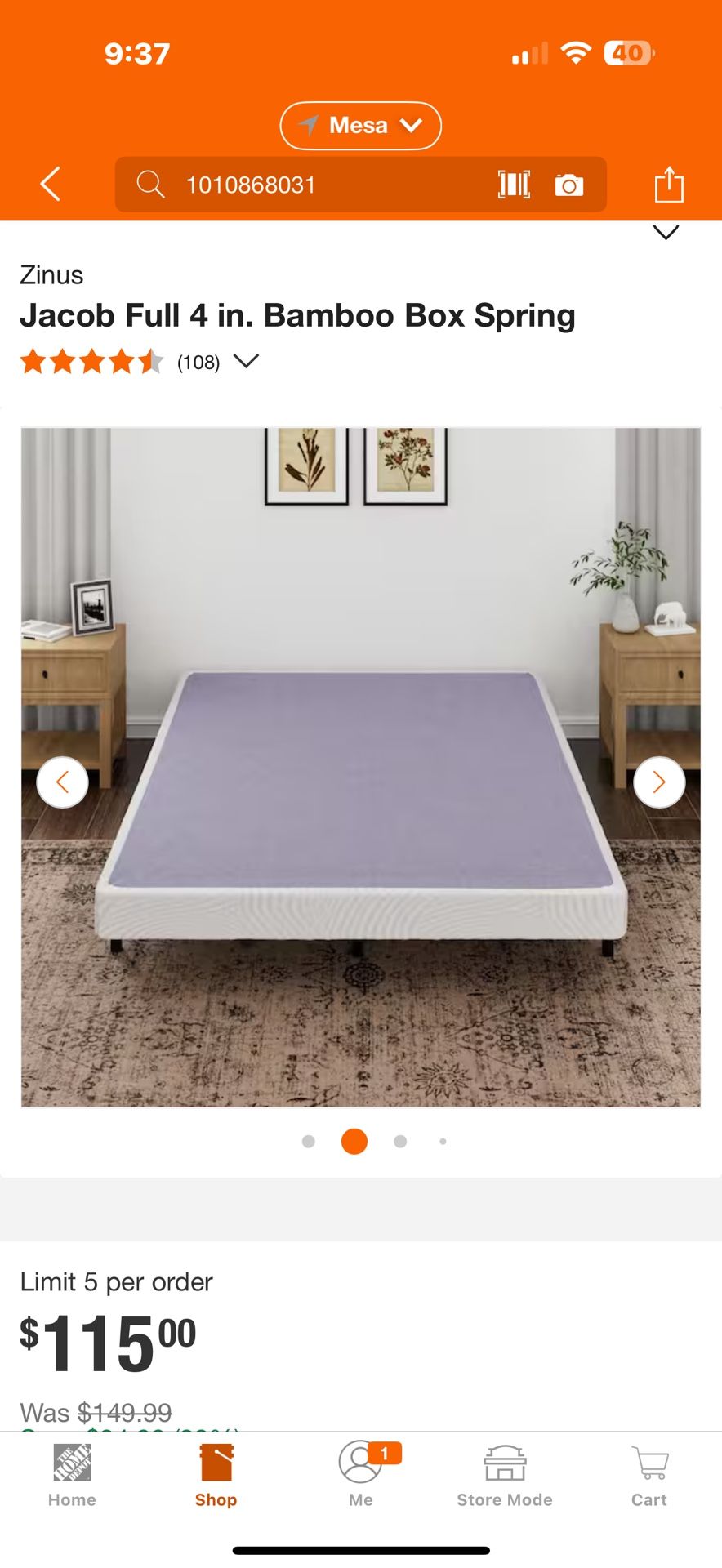 New! Zinus Jacob Full 4 in. Bamboo Box Spring