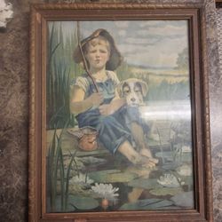 Boy with his dog print fishing