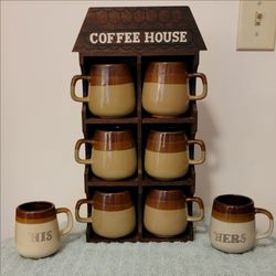 Vintage wooden Coffee house with 8 mugs total