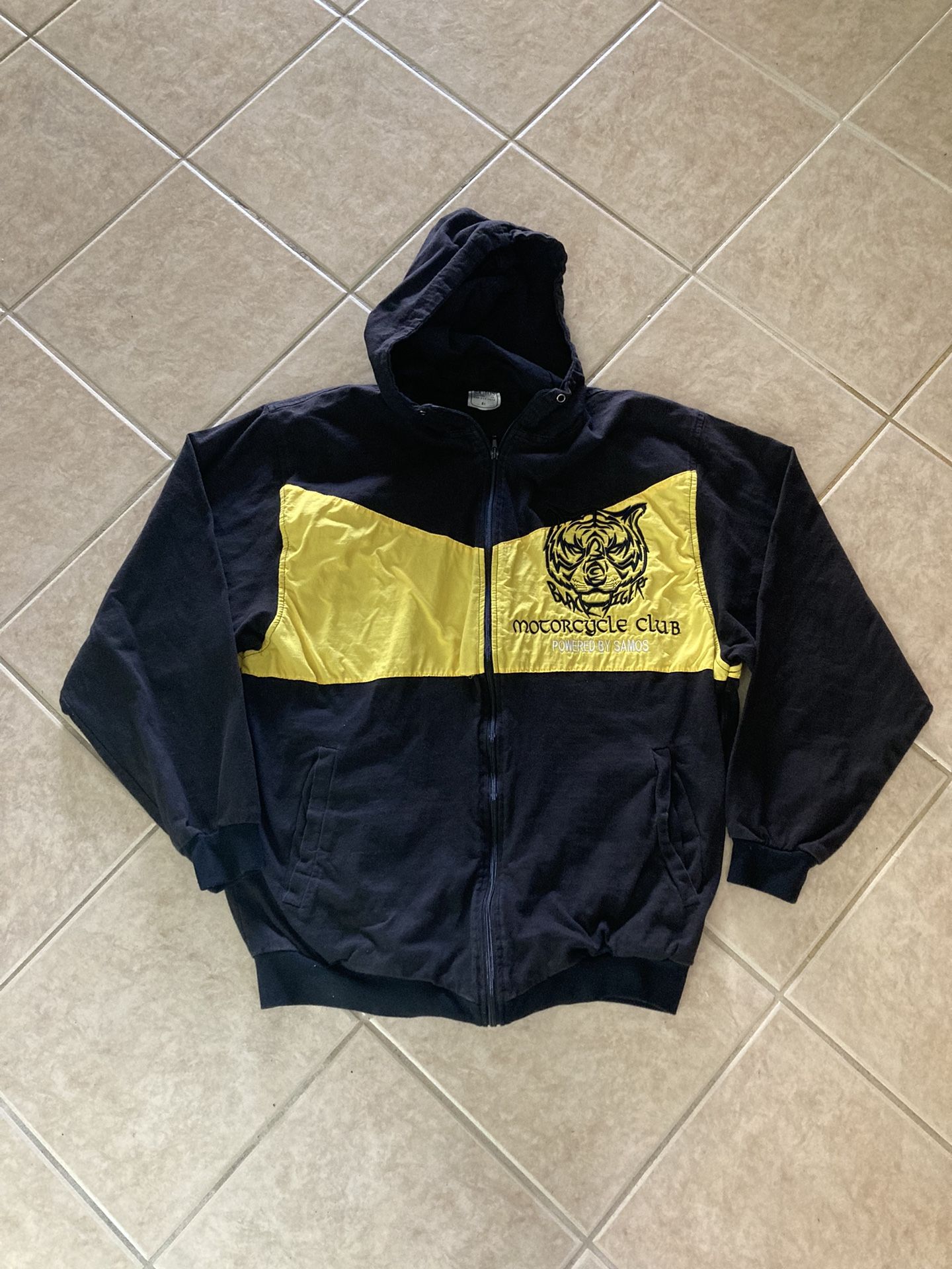 VINTAGE “SAMOS”, “BLACK TIGERS”, MOTORCYCLE JACKET WITH HOODIE. EMBROIDERED.