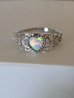 Size 6 Lab Opal heart sterling silver 925 ring