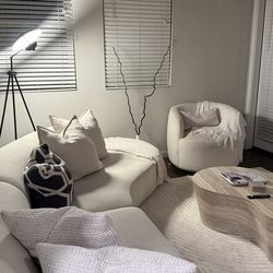 Modern Cream Bouclé Curved Sofa + Matching Accent Chair (With Pillows)