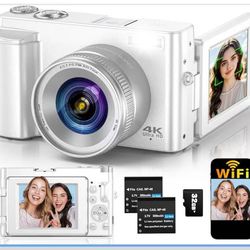 4K Digital Camera for Photography Autofocus, 64MP WiFi Vlogging Camera for YouTube with 2 Batteries, SD Card, 3" 180°Flip Screen Selfie Compact Travel