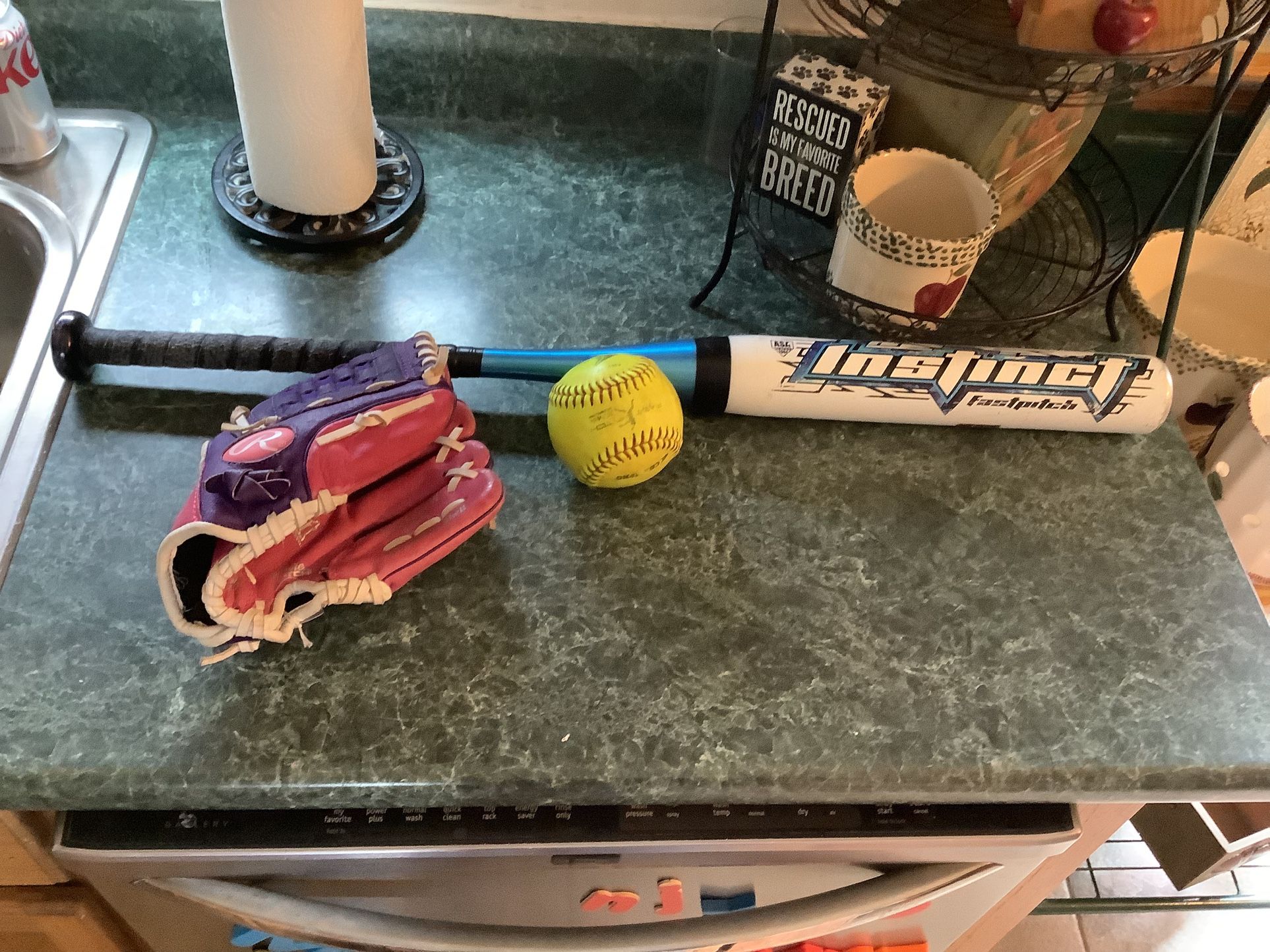Girls softball package including like new Rawlings 10” glove, Rawlings softball bat 30” 17 Oz Instinct model And 2 softballs All one price Plainfiel