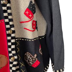 Women's Ugly Christmas Sweater Cardigan Black Red And Leopard Print Lisa Intl.  Red Gold Ribbons,Animal Print  There is a small pull on the right shou