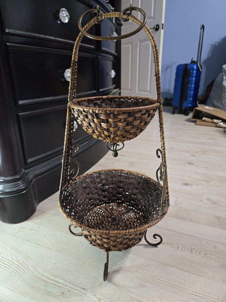 Vintage Two-Tier Wicker Basket Stand with Metal Frame