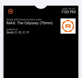 Two tickets - The Odyssey IMAX 70mm - Regal Irvine Spectrum, July 19, 7:00pm.