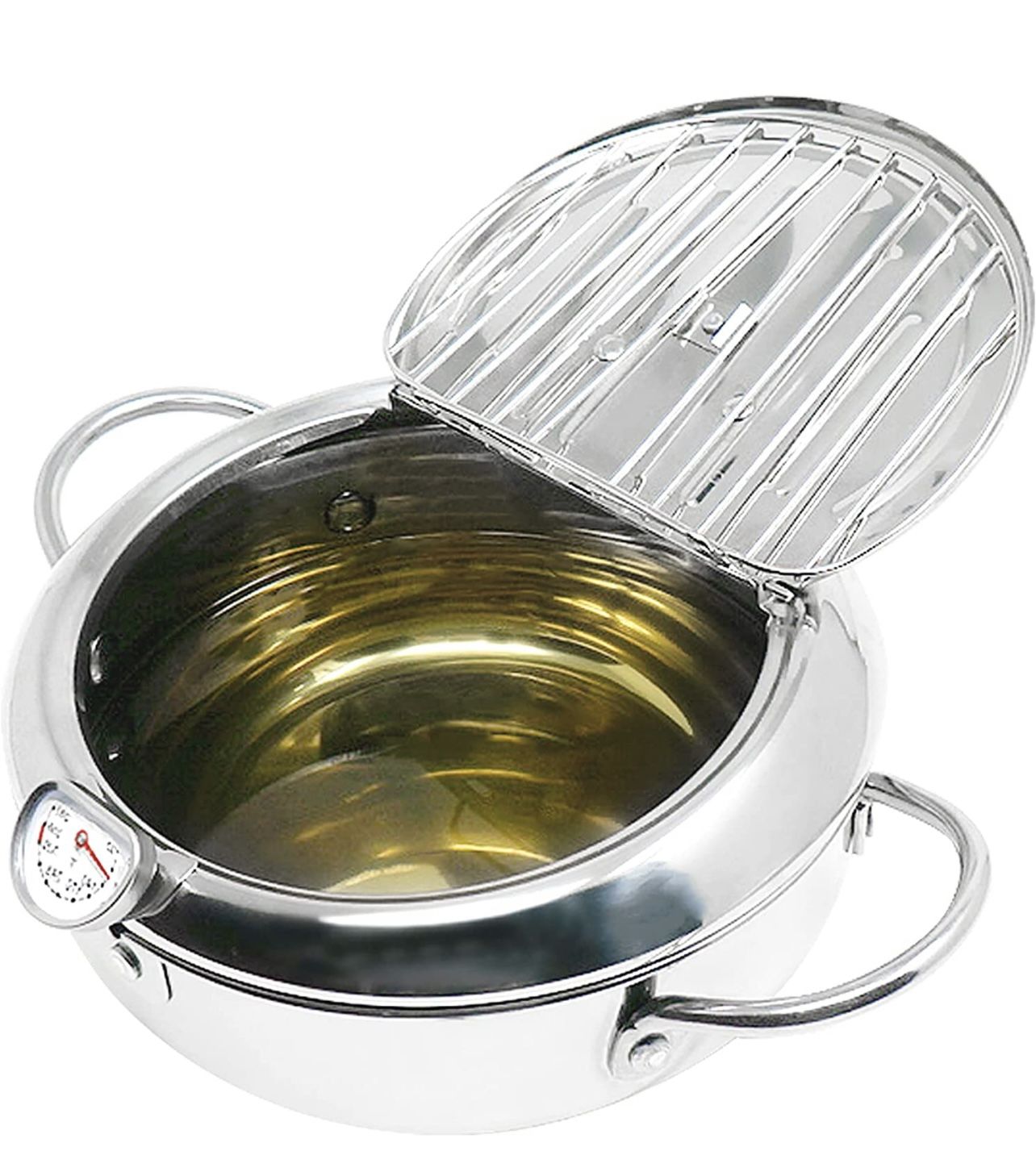 KOMONG Tempura Deep Frying Pot 3.4L, 304 Stainless Steel Deep Fryer pot with Fahrenheit Thermometer and Oil Draining Rack for Tempura chips, Fish, and