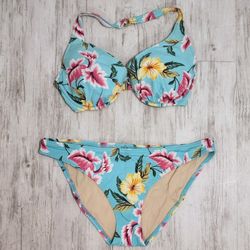 Victoria's Secret Blue Tropical Bikini Set Floral 36D Push-Up Bra Top, L Bottoms