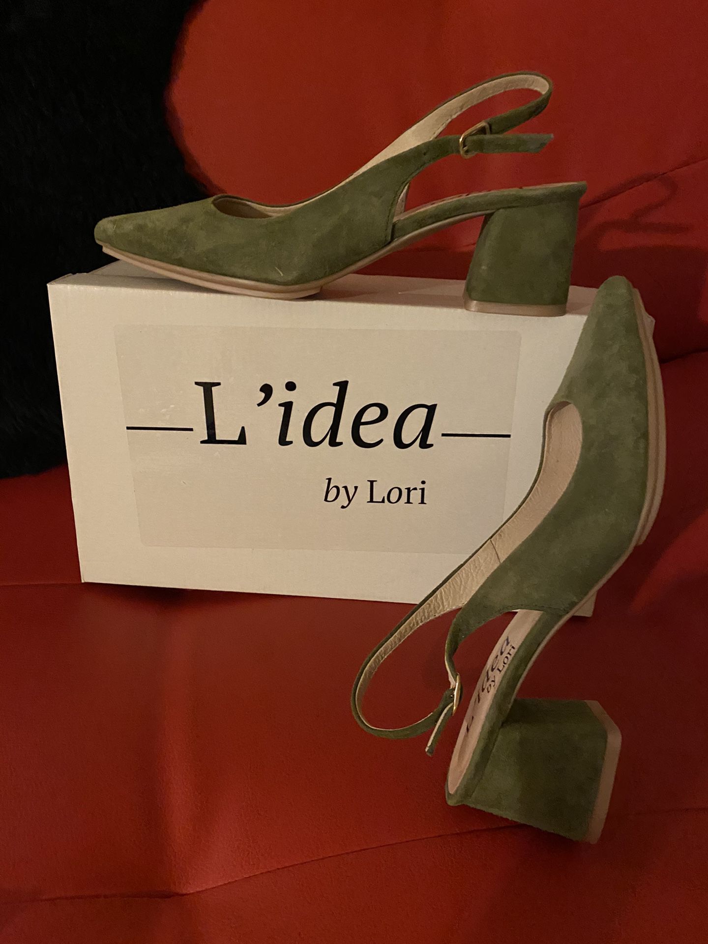 L’Idea brand olive suede heels.Size 36
