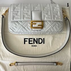 FENDI Nappa FF 1974 Embossed Baguette White Pre-owned 