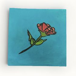Handmade Hand Painted Floral Ceramic Tile Turquoise Art Nouveau Square Glazed