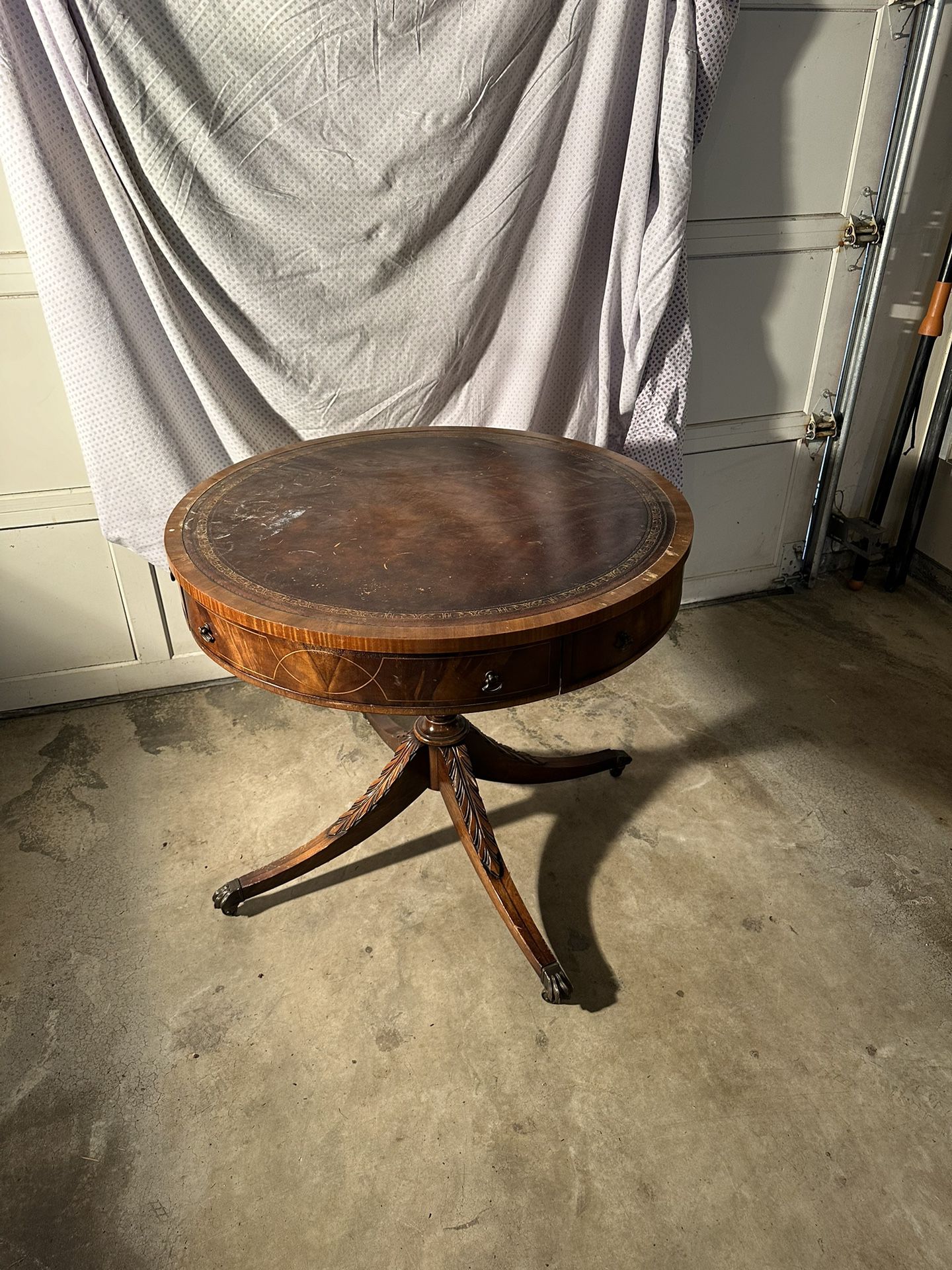 Vintage Mid 20th Century Leather Drum Table With Claw Legs