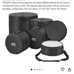 VEVOR 5-Piece Drum Bag Kit, Durable 1680D Oxford Drum Cases, Cushioned Cases with 1.5m Removable Shoulder Strap and Carry Handles, Collapsible, Fits 2