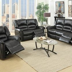 Brand New Black Bonded Leather Recliners 3pc Living Room Set