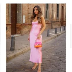 New pink satin open back dress