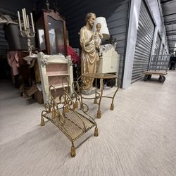 Gold rope twist decorative stool with tassel feet and Ornate gold-toned Italian mid-century magazine holder with rope and tassel details.