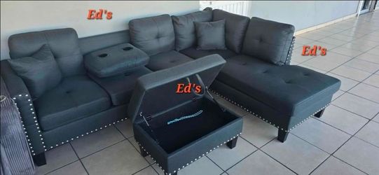 Black Sectional Sofa with Ottoman and Chaise