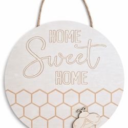 Home Sweet Home Round Wall Sign Bee Decor White Wood Farmhouse 18.9” NWT Art