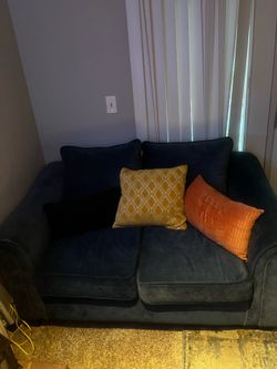 Blue Velvet Couch and Pillows