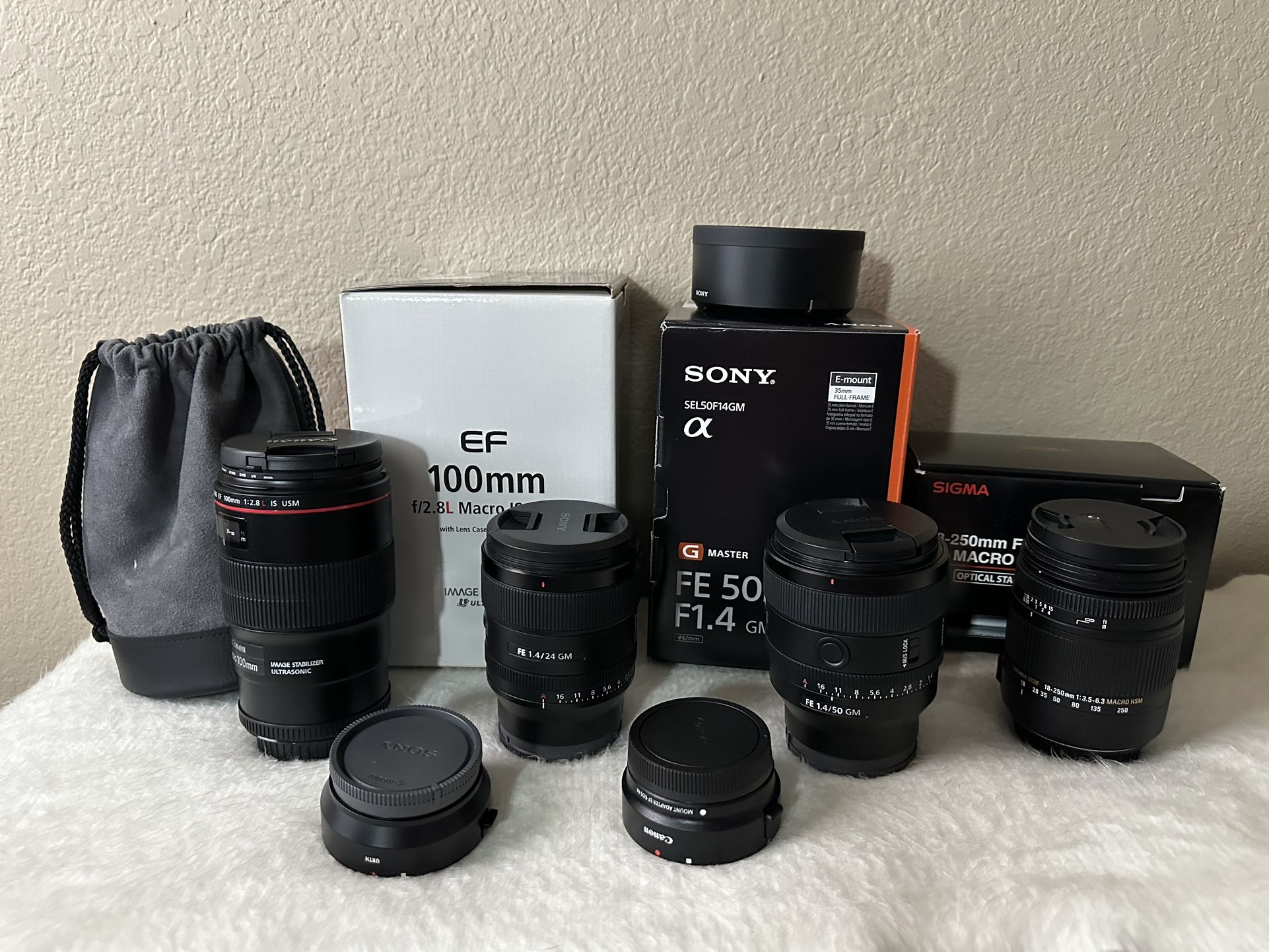 Sony 50mm f/1.4 GM, 24mm f/1.4 GM, Canon Macro 100mm
