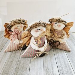 Set of 3 Cotton Cloth 6" Beanbag Angels Weighted Doorstoppers Set Rustic Country Home Decor with Wooden Stick Halos. Pre-owned in excellent condition.