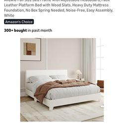 Allewie Full Size Bed Frame with Adjustable Headboard, Faux Leather Platform Bed with Wood Slats, Heavy Duty Mattress Foundation, No Box Spring Needed