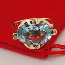 14K Yellow Gold Aquamarine and Diamonds Ring Size 7.75 Solid Gold/ Anillo de Oro con 1 Aguamarina y Diamantes! 👌🎁Post Tags: Anillo de Oro