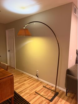 Vintage 1970s MCM Brass Arc Floor Lamp w/ Pleated Shade