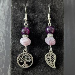 Purple Jade Tree & Leaf Dangle Earrings