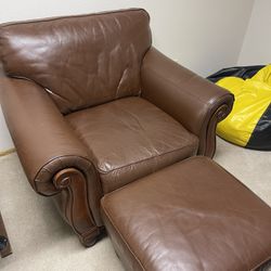 Brown Leather Chair and Ottoman 
