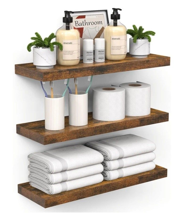 Floating Shelves for Wall – Bathroom Shelves Rustic Wood wMetal Brackets for Bathroom, Bedroom, Kitchen, or Living Room Decor~Rustic Brown, Set of 3