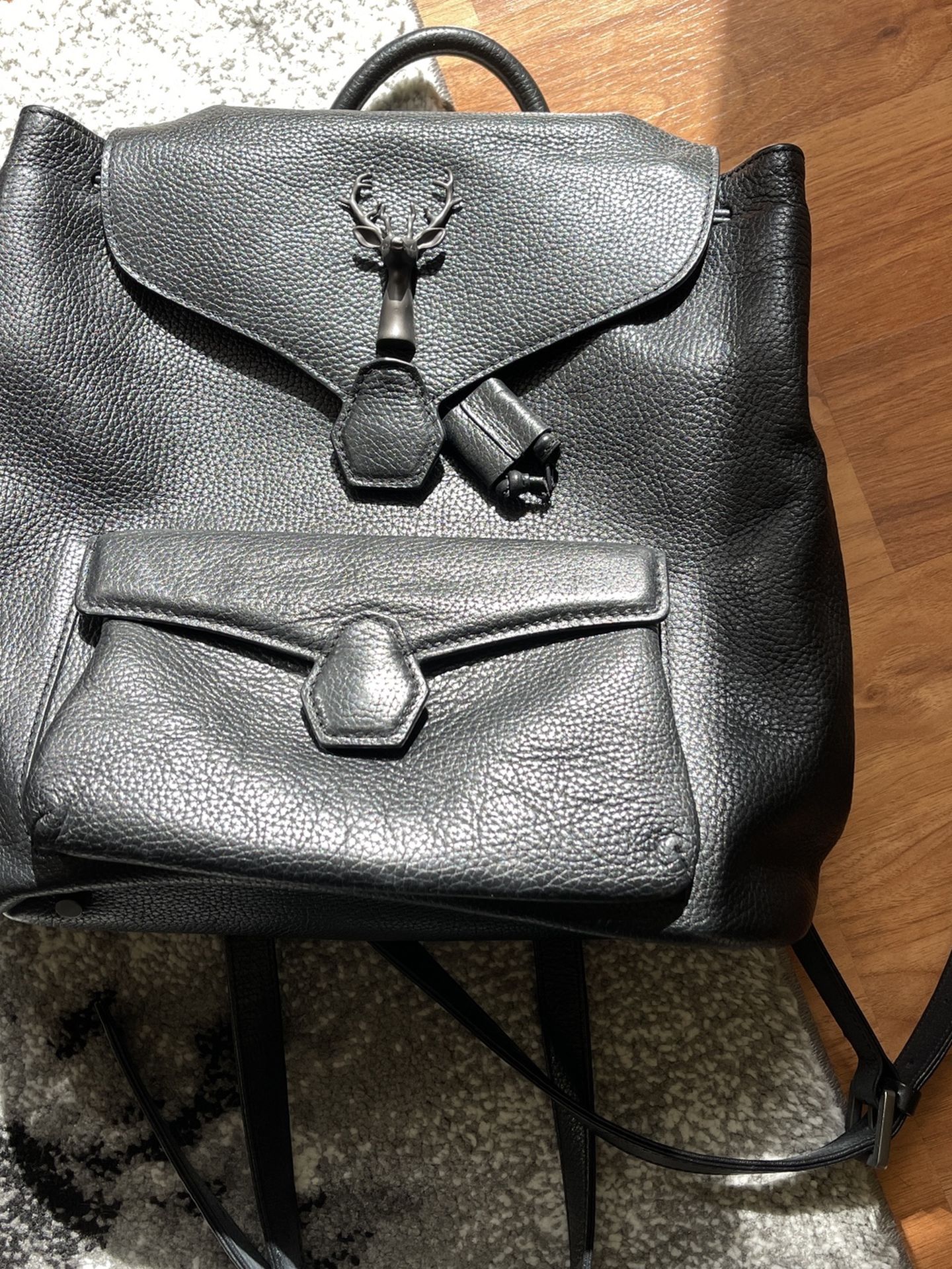 Black Leather Backpack With Deer Buckle