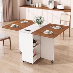 51″ Transformer Table with 6 Wheels for 2-4 with Drawer and Power Outlet  Walnut