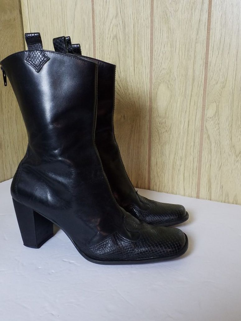 Uniza Black Genuine Leather And Snake Skin Womens Boots Size 6.5 B Made In BRAZIL
