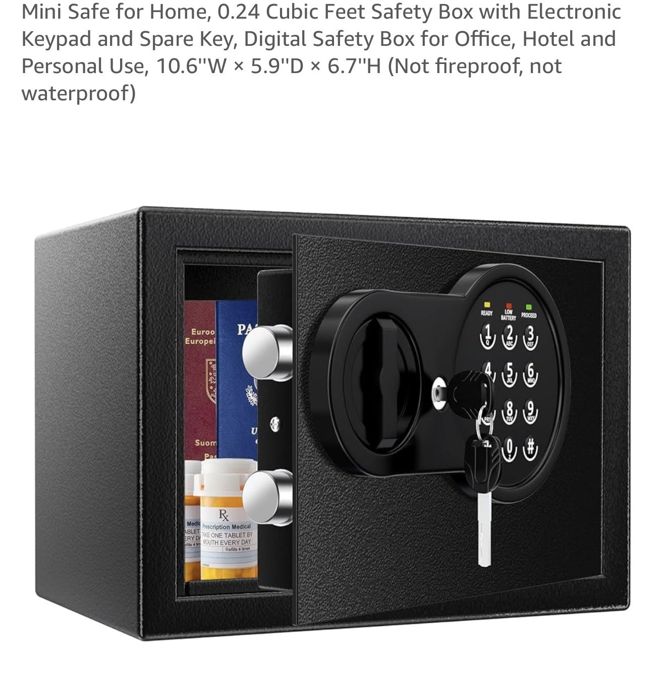 Mini Safe for Home, 0.24 Cubic Feet Safety Box with Electronic Keypad and Spare Key, Digital Safety Box for Office, Hotel and Personal Use, 10.6''W ×