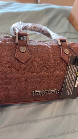 BRAND NEW W/ TAGS VON DUTCH EMBROIDERED CHOPPER HANNA BAG BROWN BEAUTIFUL