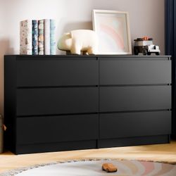 Cozy Castle 52'' Black Dresser for Bedroom, Modern 6 Drawer Dresser, Wood Chest of Drawers with Deep Drawers, Wide Storage Cabinet for Living Room, Ha
