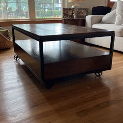 Wheeled Coffee Table With 2 Drawers And Shelf For Storage