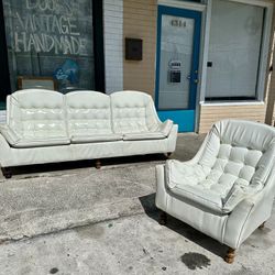 2pc Mid Century Modern White Vinyl Sofa And Chair Set