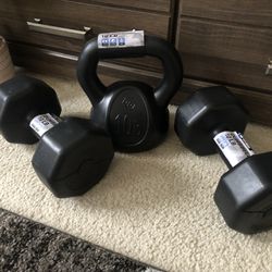  $45 firm  Brand new 3pcs. Set Two 10lbs Dumbells And One 10lbs Kettle Bell Weights 