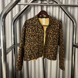 Sadie And Sage Brand Oversized Leopard  Cut Off Denim Jacket