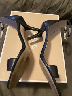 MICHAEL KORS SHOES HEEL SANDAL KRISTEN MID ANKLE BLACK LEATHER SILVER 2024 SZ 8.5