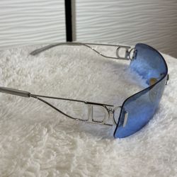 Miss Dior Vintage  Y2K Shield Rimless Sunglasses Metal Frame Blue Tinted Lenses.