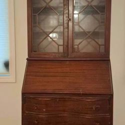Vintage Chippendale-Style Serpentine Secretary DeskW/ Bookcase Hutch-Walnut Finish