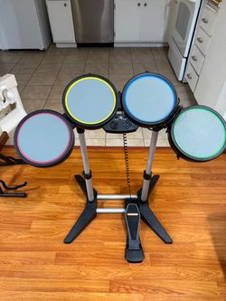 Rock Band PS2 Drum Set Bundle w/ Game, Pedal & Stand – Tested Working